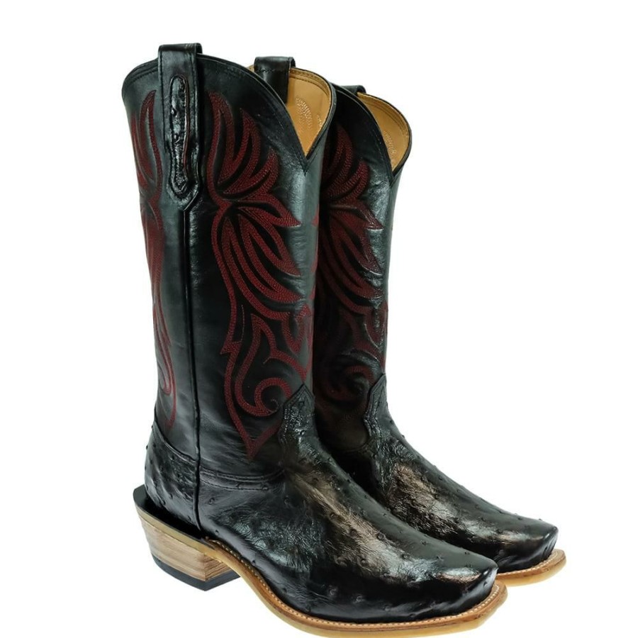 Western Boots * | Best Guaranteed Fenoglio Black Cherry Full Quill Ostrich Black Smooth Italian Men'S Boot