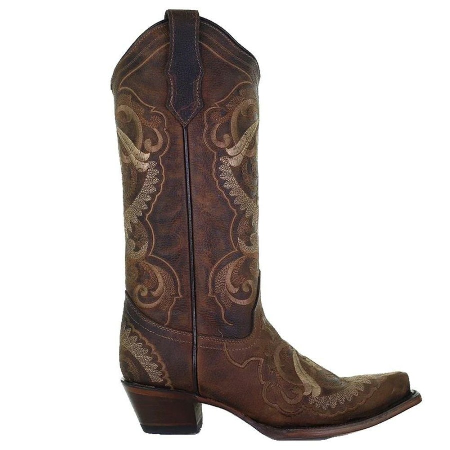 Western Boots * | Best Guaranteed Corral Nut Embroidered Snip Toe Women'S Boots