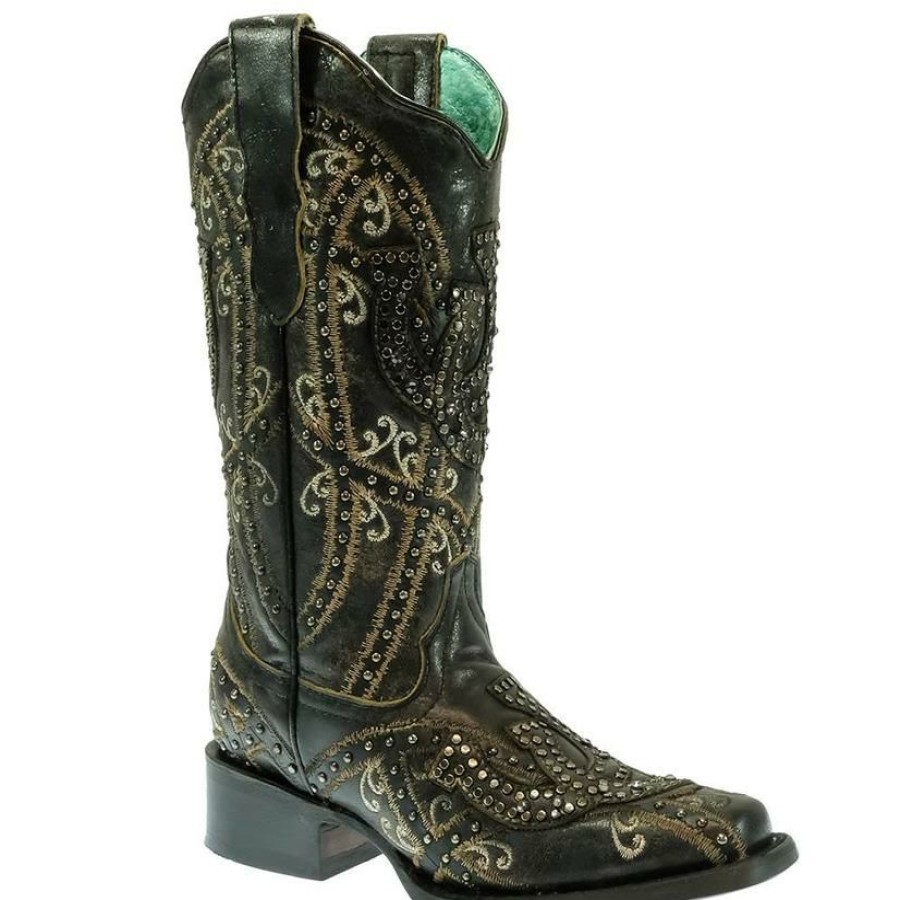 Western Boots * | Clearance Corral Black Horseshoe Overlay With Studs Women'S Boots