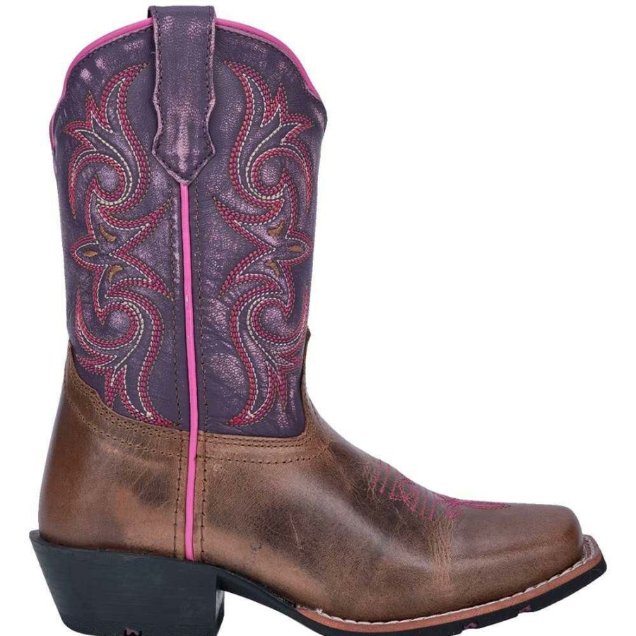 Western Boots * | New Dan Post Purple Majesty Brown Leather Girl'S Youth Boots