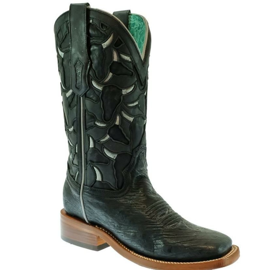 Western Boots * | Best Sale Corral Black Laser Cut Ostrich Embroidered Women'S Boots