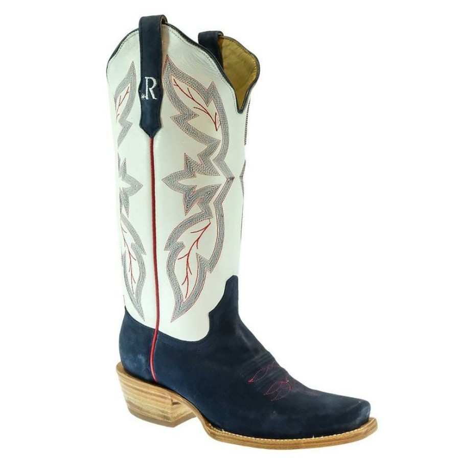 Western Boots * | Shop New R. Watson Navy And White Roughout Cutter Toe Women'S Boots