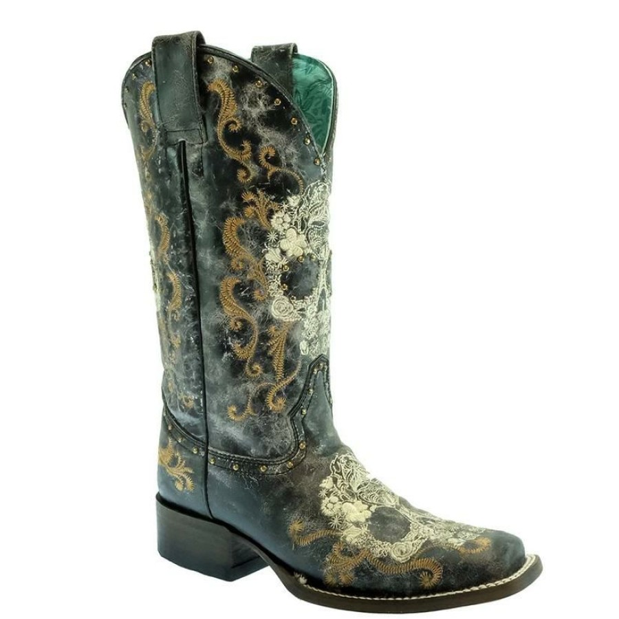 Western Boots * | Shop New Corral Black White Floral Embroidered Skull With Studs Women'S Boots