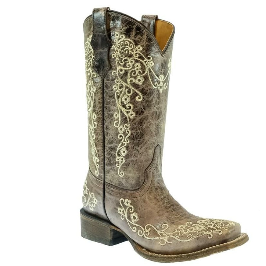 Western Boots * | New Corral Brown Embroidered Snip Toe Women'S Boots