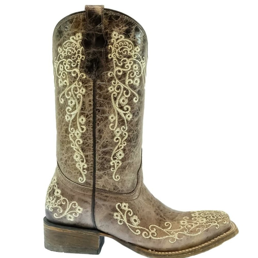 Western Boots * | New Corral Brown Embroidered Snip Toe Women'S Boots