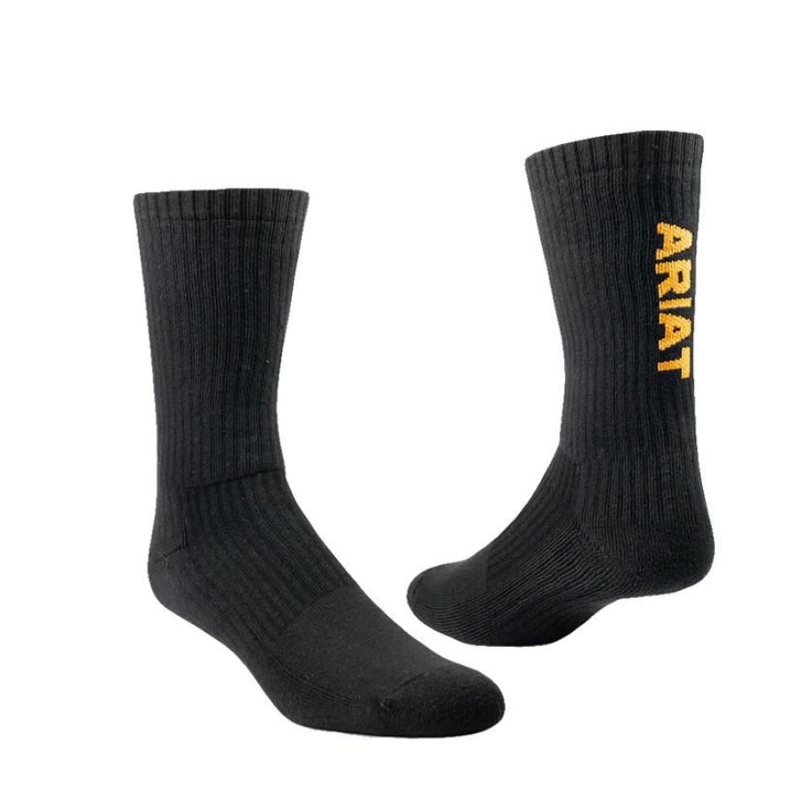 Socks * | Limited Edition Ariat Black Basis Cotton Crew 3 Pair Pack Socks