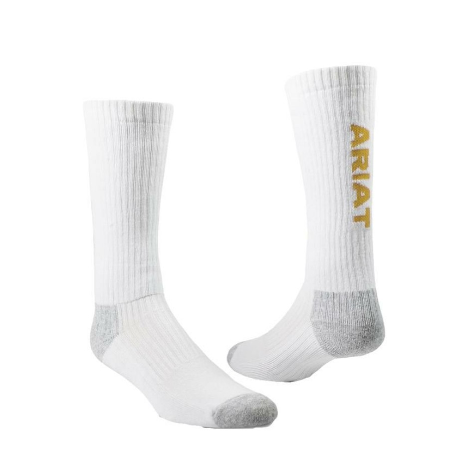 Socks * | Crazy Deals Ariat White Cotton Mid Calf 3 Pair Work Socks