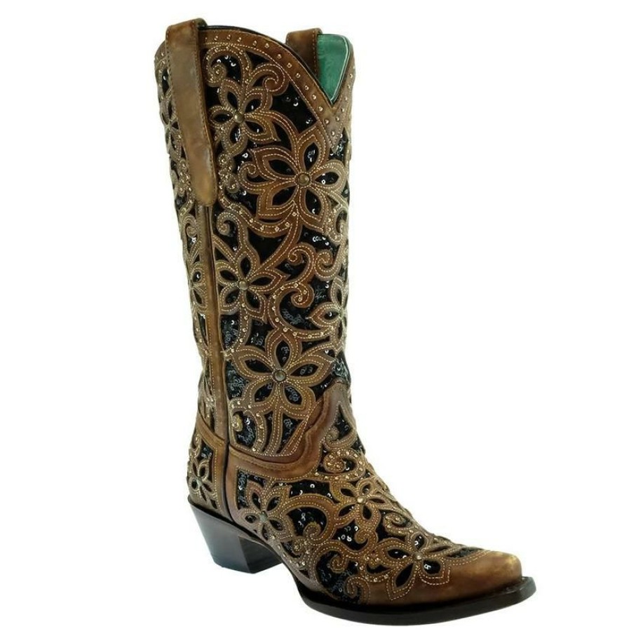 Western Boots * | New Corral Black Inlay Embroidered Studded Women'S Boots