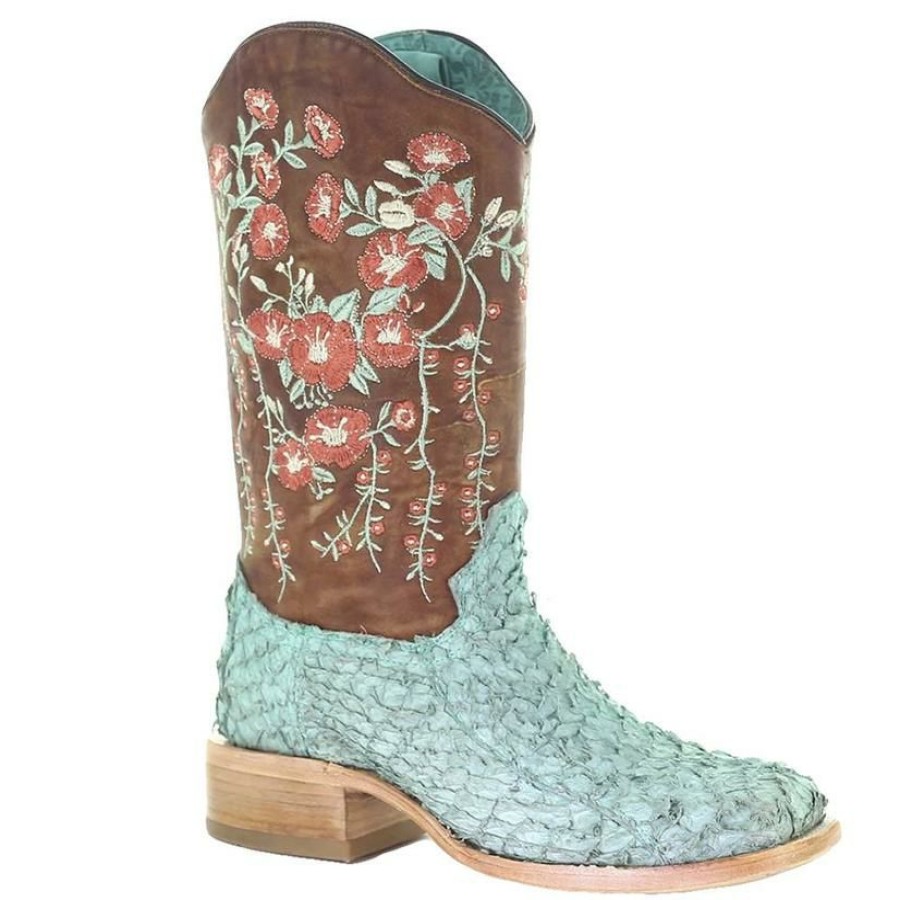 Western Boots * | Less Expensive Corral Turquoise Tan Fish Floral Embroidered Women'S Boots