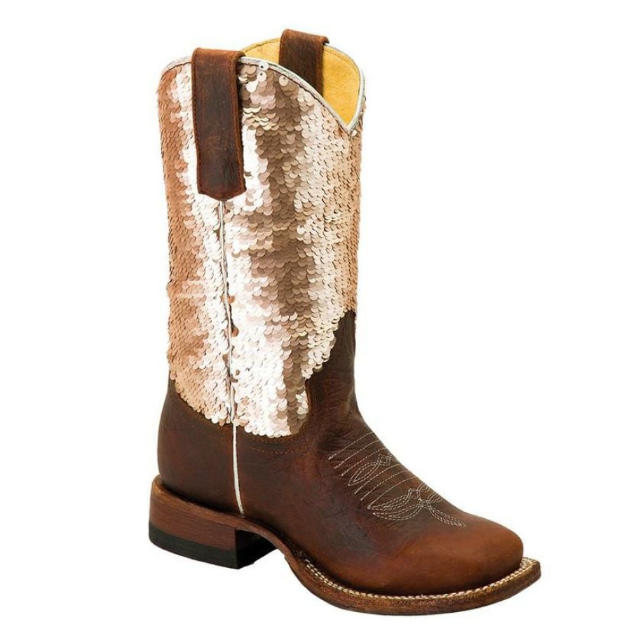 Western Boots * | Best Sale Macie Bean Distressed Bison Gold Sequin Top Girl'S Boots