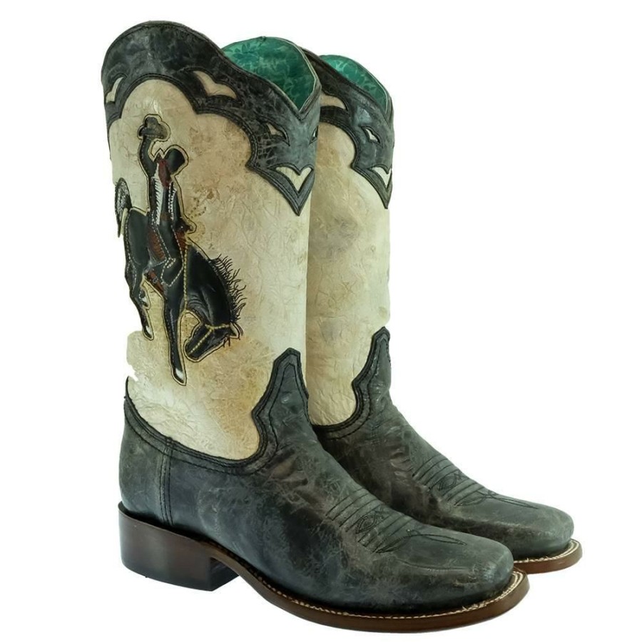 Western Boots * | Reasonable Price Corral Distressed Black And White Embroidered Bronc Rider Women'S Boots