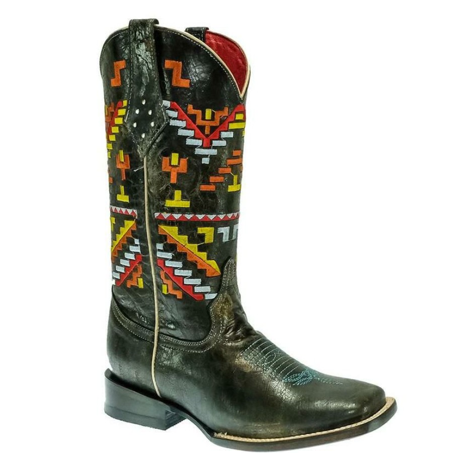 Western Boots * | Crazy Deals Ferrini Black Aztec Embroidered Women'S Boots